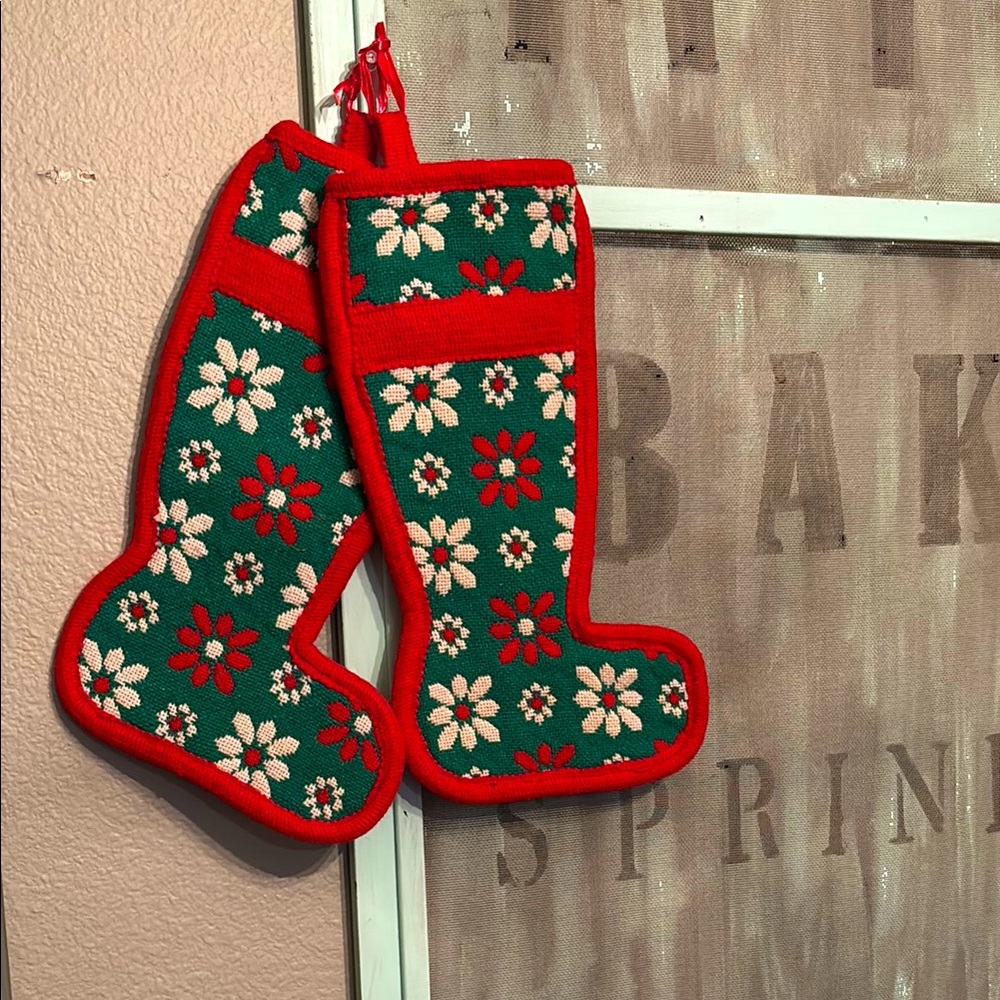 Vintage Needlepoint Christmas Stockings Boho Red Green Flowers 70s Handmade 16"